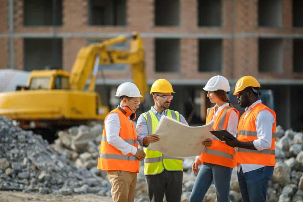 Construction workers discussing plans at a building site.