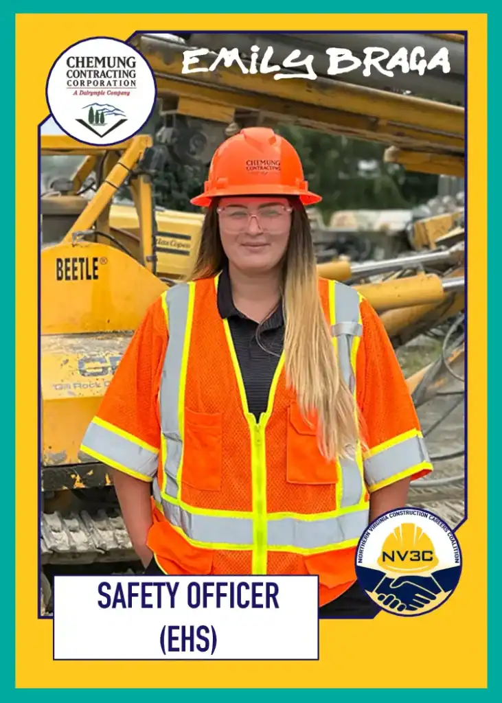 Safety officer Emily Braga in high-visibility gear at construction site.