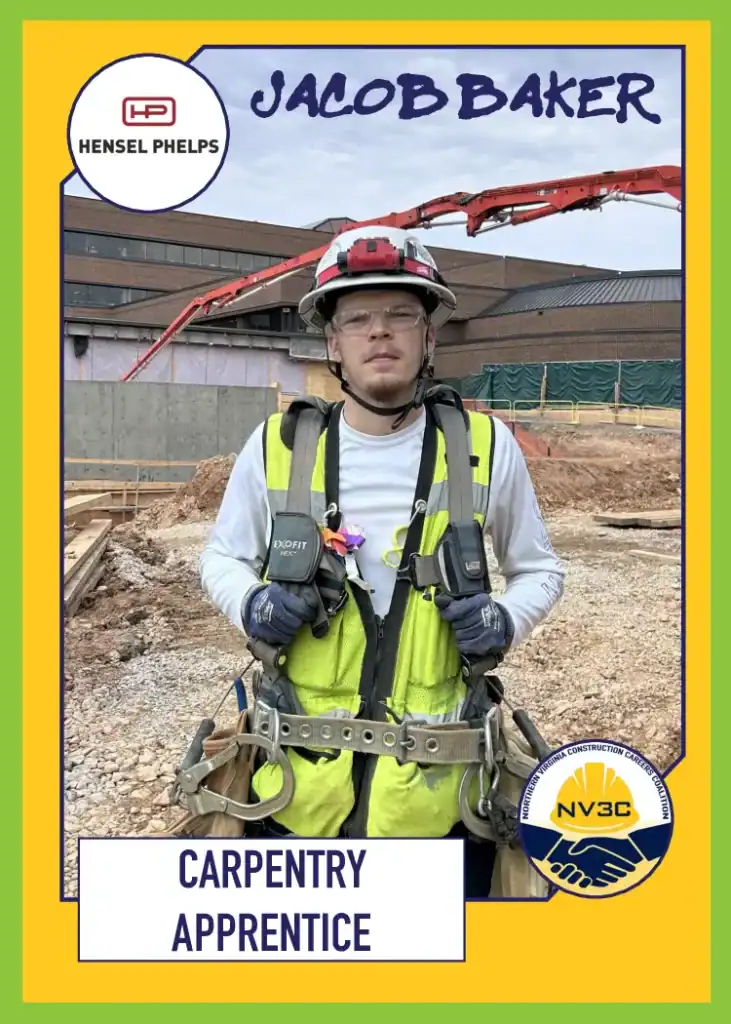 Young carpentry apprentice Jacob Baker at construction site with safety gear.